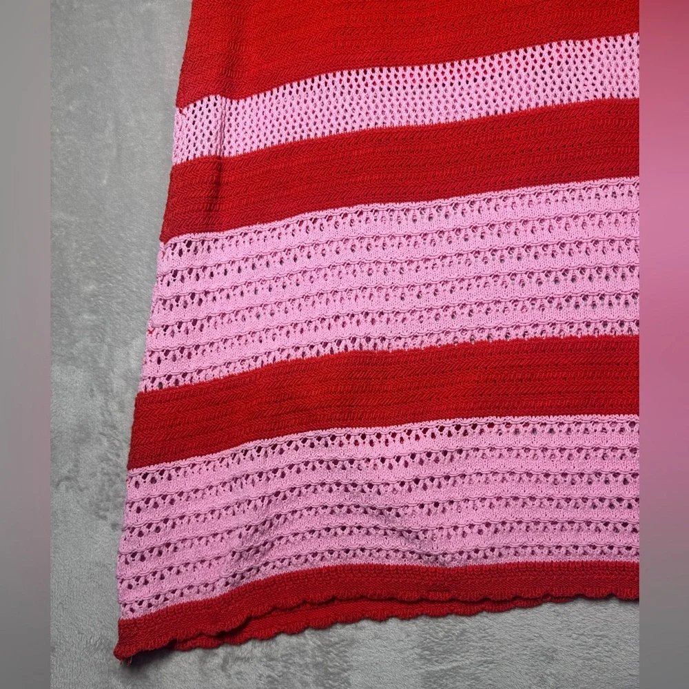 Scoop Crochet Scalloped Hem Red Pink Striped A Line Pull On Midi Skirt Large - Picture 5 of 16